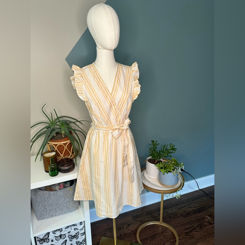 Robert Louis Striped Linen Wrap Dress Orange White Flutter Sleeves Summer Medium - Picture 2 of 13